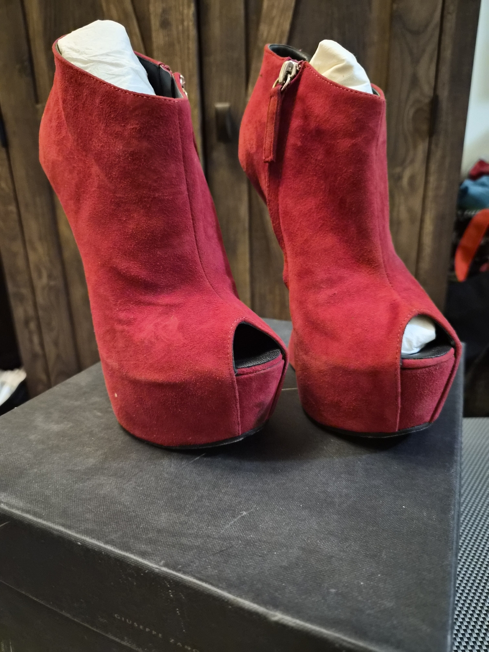 Giuseppe Zanotti Red Suede Peep-Toe Platform Ankle Boots